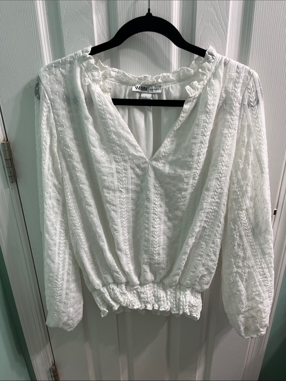 White House Black Market White Textured V-Neck Smocked Waist Blouse
